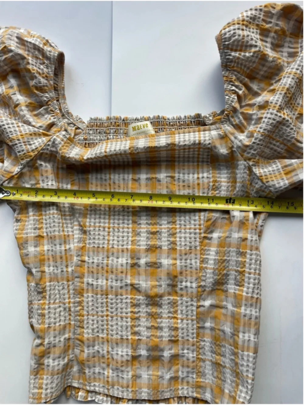 Anthropologie Maeve Seersucker Puff Sleeve Top Small Yellow Plaid Cottagecore